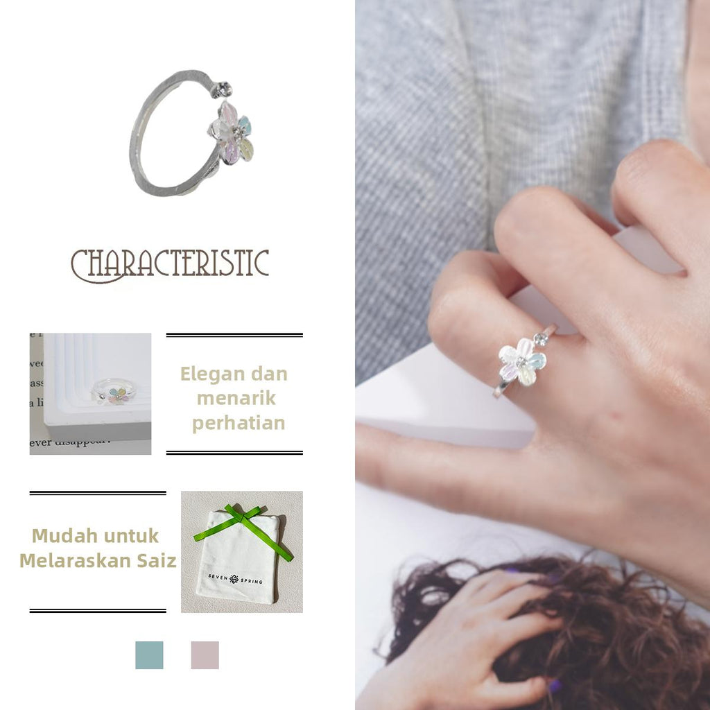 Cincin Bersalut Perak, Rekaan Bunga, Kelopak Enamel Berwarna-warni, Comel dan Manis, Untuk Gadis Muda stainless  steel  ring