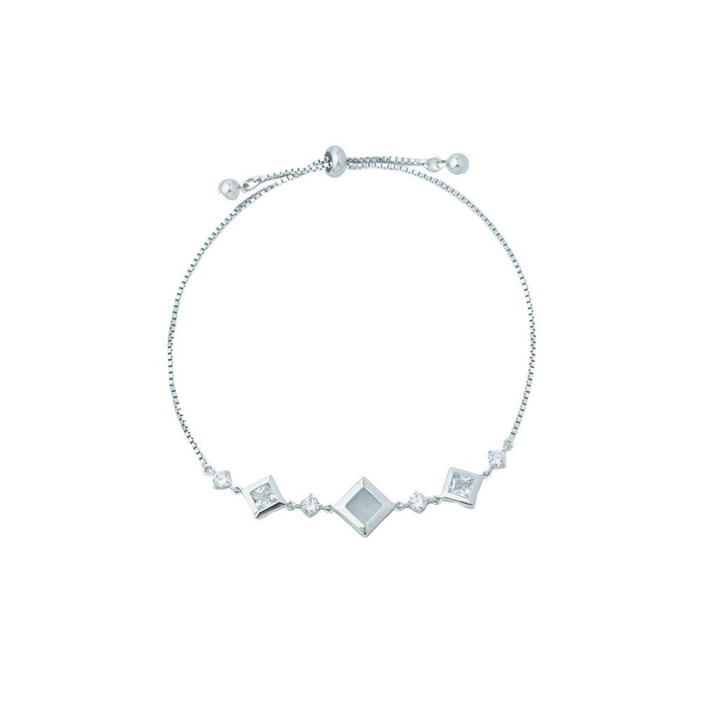Modern Silver-Tone Bracelet with Gray Cat's Eye Stone & Zircon Accents, Adjustable Slider Chain, Industrial Chic Jewelry for Women
