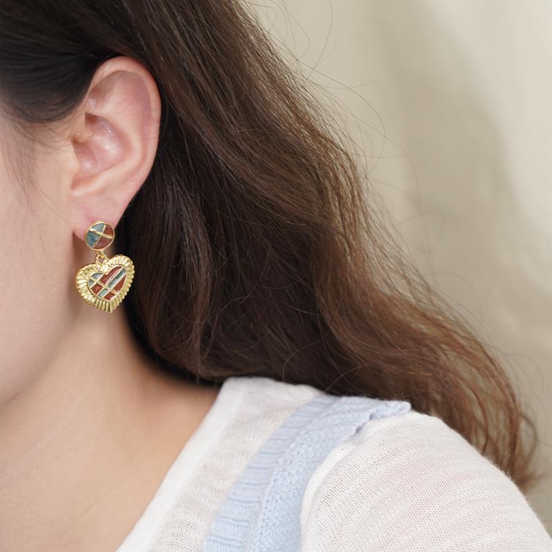 Anting-anting Jatuh, Bahan Aloi Emas, Rekaan Hati Berkotak Vintaj, Corak Grid, Barang Kemas Pesona Retro, Untuk Wanita