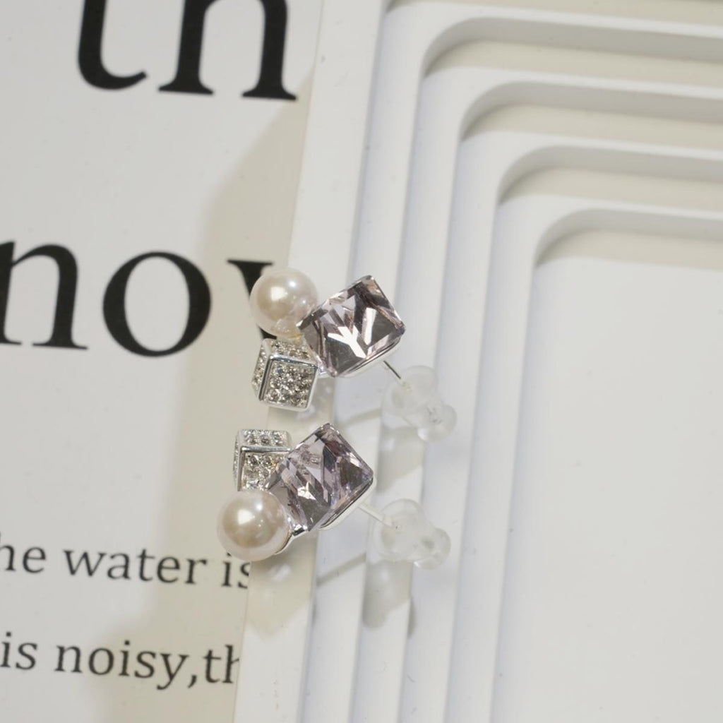 Subang Stud, Kristal Geometrik Ungu, Dengan Mutiara dan Zirkon, Halus dan Manis, Untuk Wanita Fesyen cute  earrings