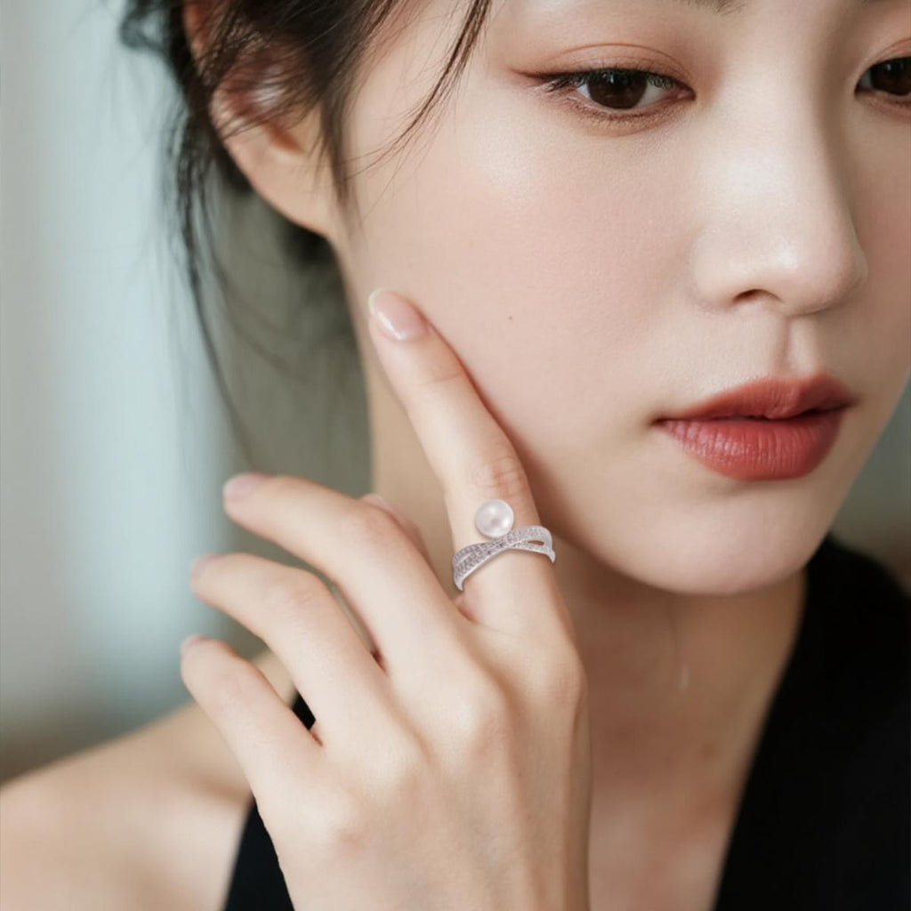 【Ring】Silver Ring Natural Freshwater Pearl, Shining Zircon Cross-Band Design, Elegant Jewelry for Women, Perfect Gift for Lover