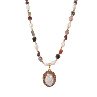 【Pendant Necklace】Brass & Multi-Color Tourmaline Gemstone Beaded Chain with Natural Pearl Pendant Vintage Elegant Jewelry Natural Aesthetic Retro Jewellry Gift for Women