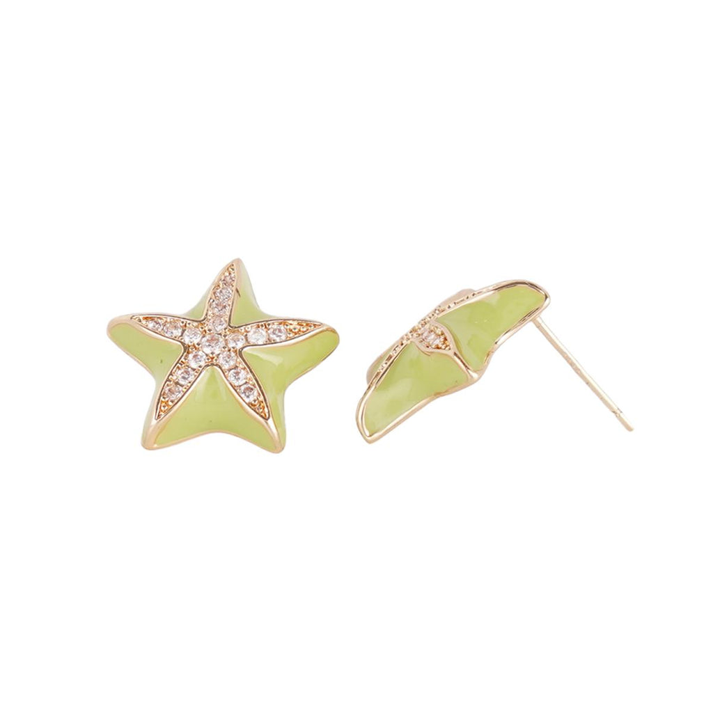 Star Stud Earrings Gold-Tone Copper Green Enamel Zircon Accent Boho Beach Holiday Jewelry Gifts for Women
