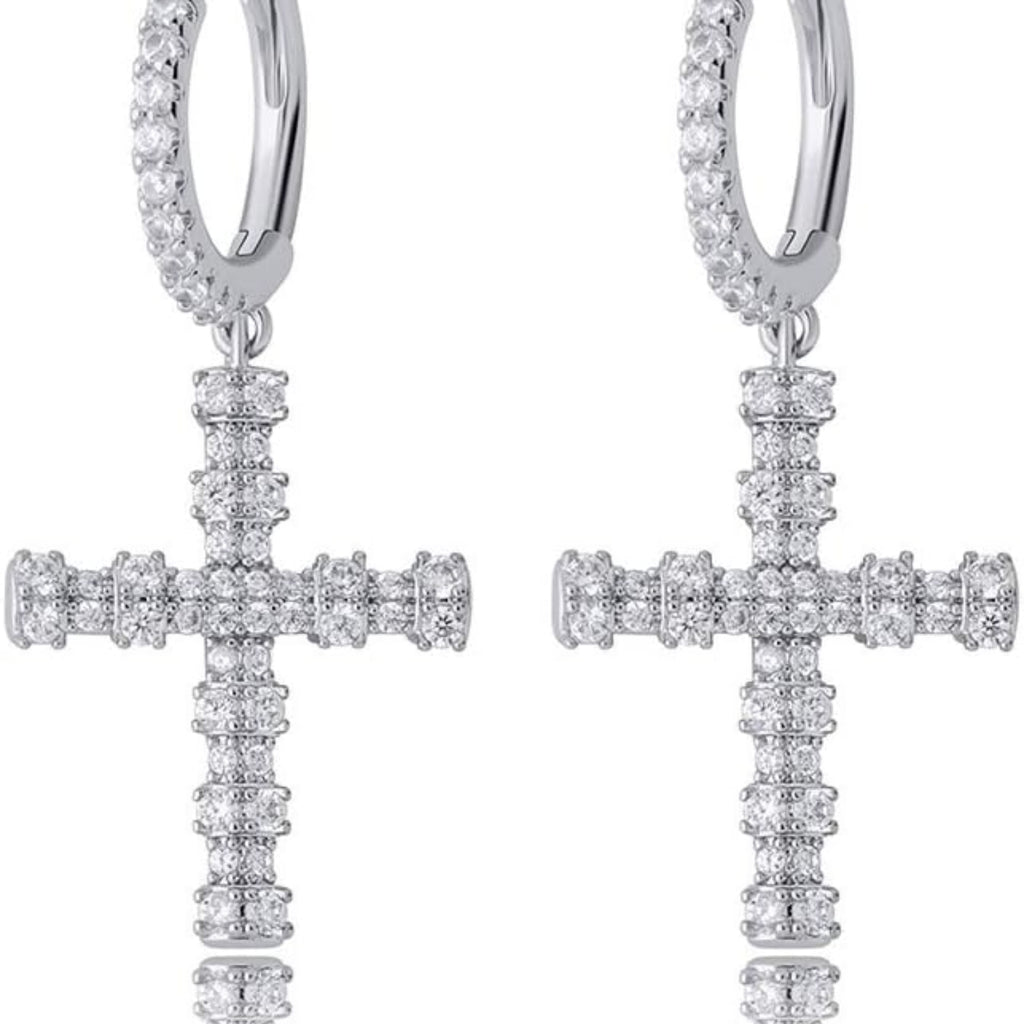 YOSZO Cross Hoop Dangle Earrings 925 Sterling Silver 5A+ Cubic Zirconia 14K Gold Hypoallergenic Cross Hoop Cuff Huggie Drop Earrings For Men Women
