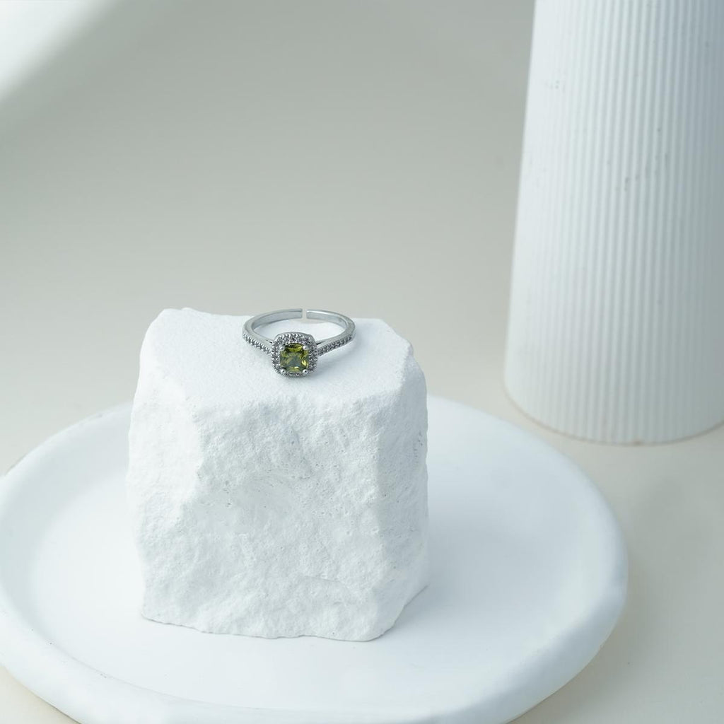 【Open Ring】Silver Plated Copper Alloy Rings with Olive Green/Yellow Zircon Center, Elegant Daily Jewelry for Women
