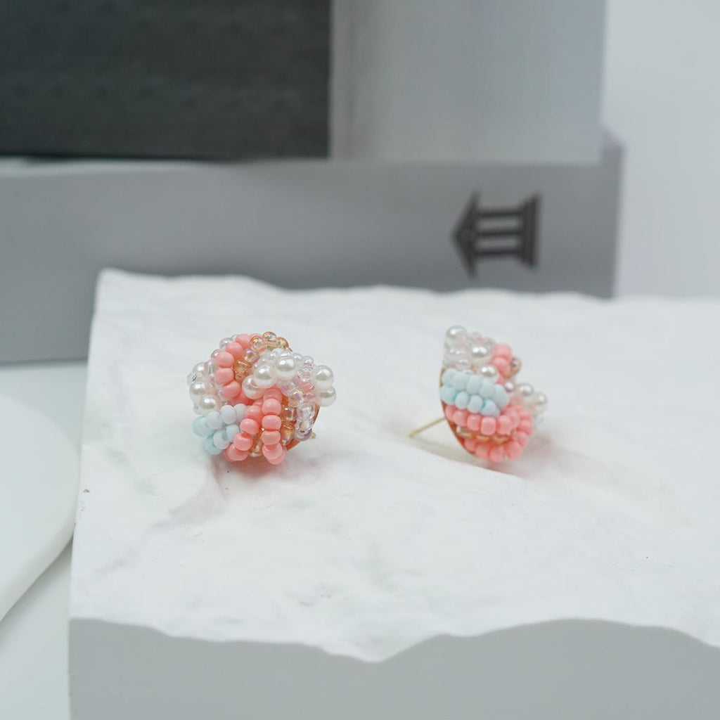 【Stud Earrings】Handmade Pink & Light Blue Resin Beads Earrings, Sweet Floral Cluster, Cute Gift for Girls