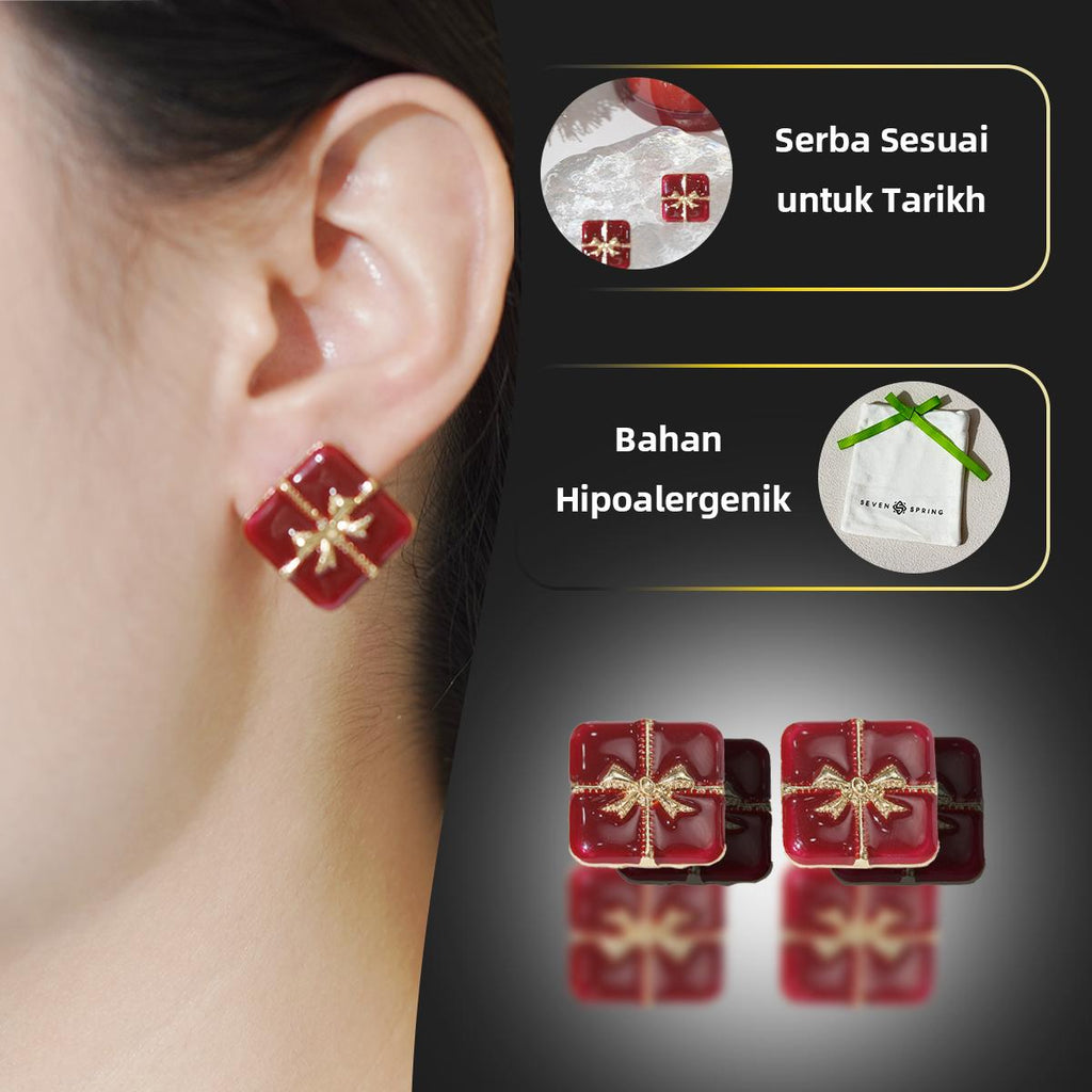 Subang Stud, Enamel Merah, Barang Kemas Bergaya, untuk Kanak-kanak Perempuan, Didatangkan dengan Ikatan bentuk rama-rama Emas, Termasuk Kotak