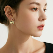 Load image into Gallery viewer, 【Pendant Earrings】Gold-Plated Alloy Sun &amp; Elephant Design - Red Crystal Accent Drop Earrings for Women