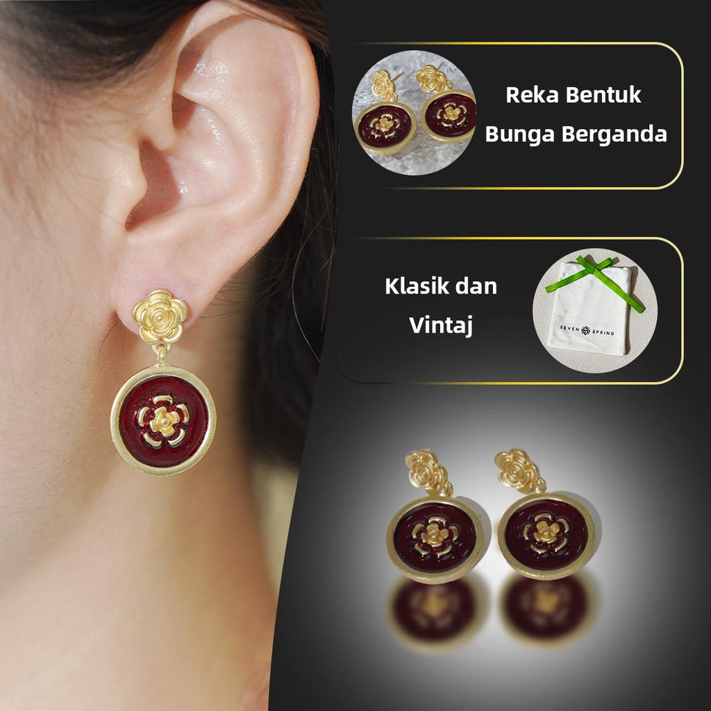 Subang Jatuh, Rekaan Bulat Enamel Bunga Emas dan Merah Wain, Reka Bentuk Bunga Vintaj