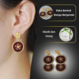 Subang Jatuh, Rekaan Bulat Enamel Bunga Emas dan Merah Wain, Reka Bentuk Bunga Vintaj