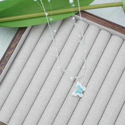 【Pendant Necklaces】Silver Plated Chain Layered Necklace with Light Green Butterfly Pendant, Romantic & Dainty for Trendy Girls