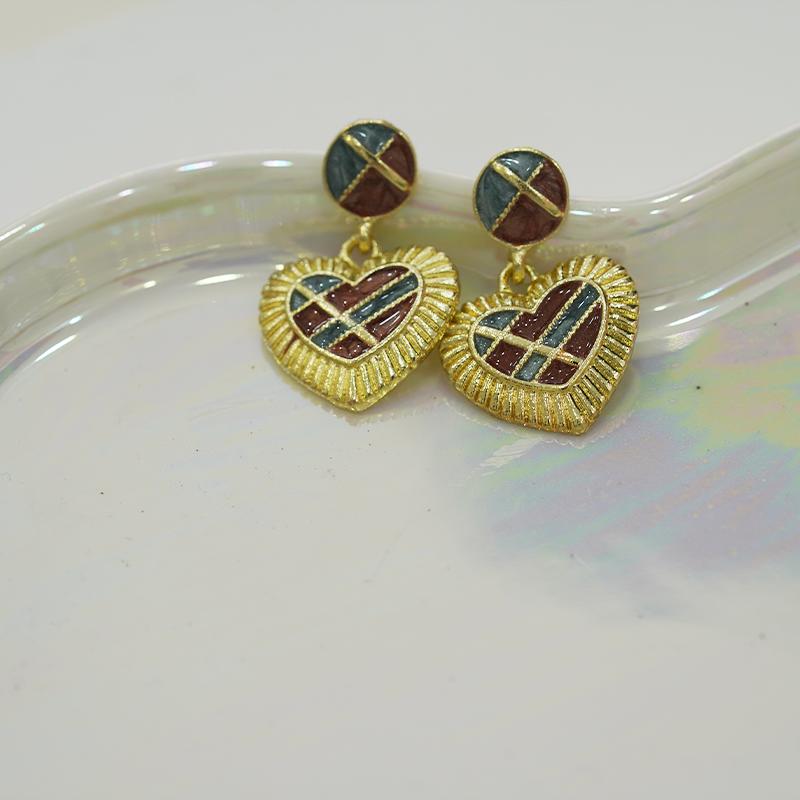 Anting-anting Jatuh, Bahan Aloi Emas, Rekaan Hati Berkotak Vintaj, Corak Grid, Barang Kemas Pesona Retro, Untuk Wanita