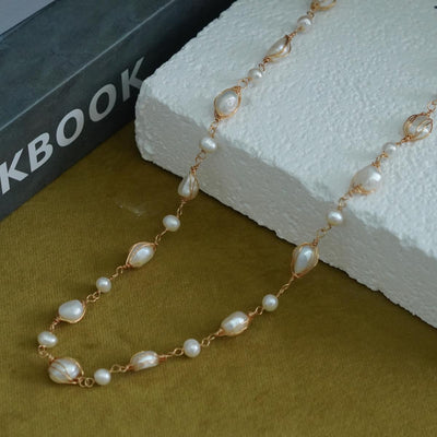 【Necklace】Vintage and Delicate Natural Textured Pearl Necklace with 18K Gold-Plated Copper for Elegant Women