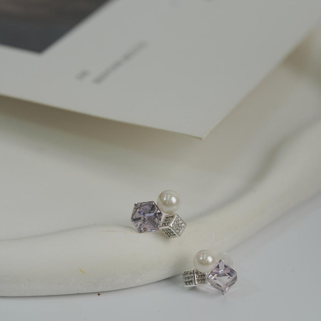 Subang Stud, Kristal Geometrik Ungu, Dengan Mutiara dan Zirkon, Halus dan Manis, Untuk Wanita Fesyen cute  earrings
