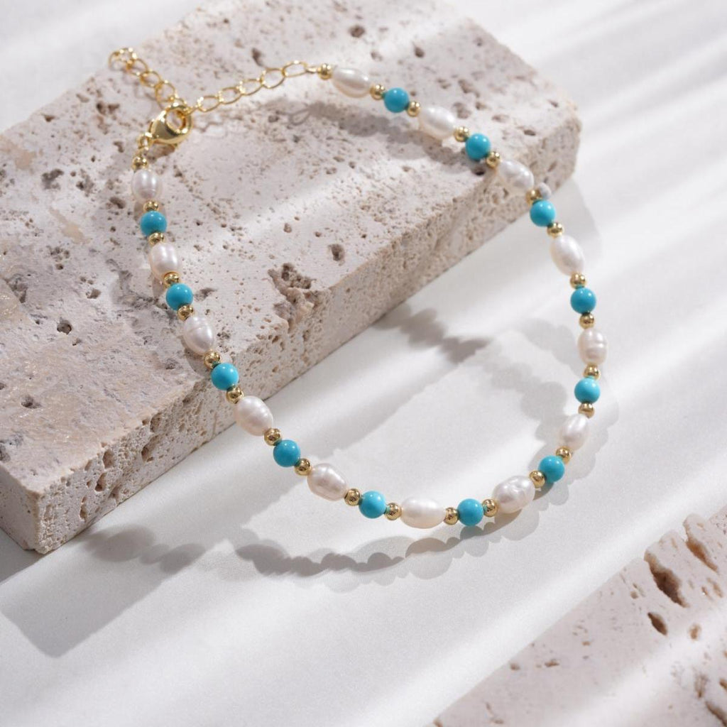 【Bracelet】Turquoise Stones Natural Pearls Bracelet, Copper Chain Lightweight Design Elegant Bracelet for Ladies