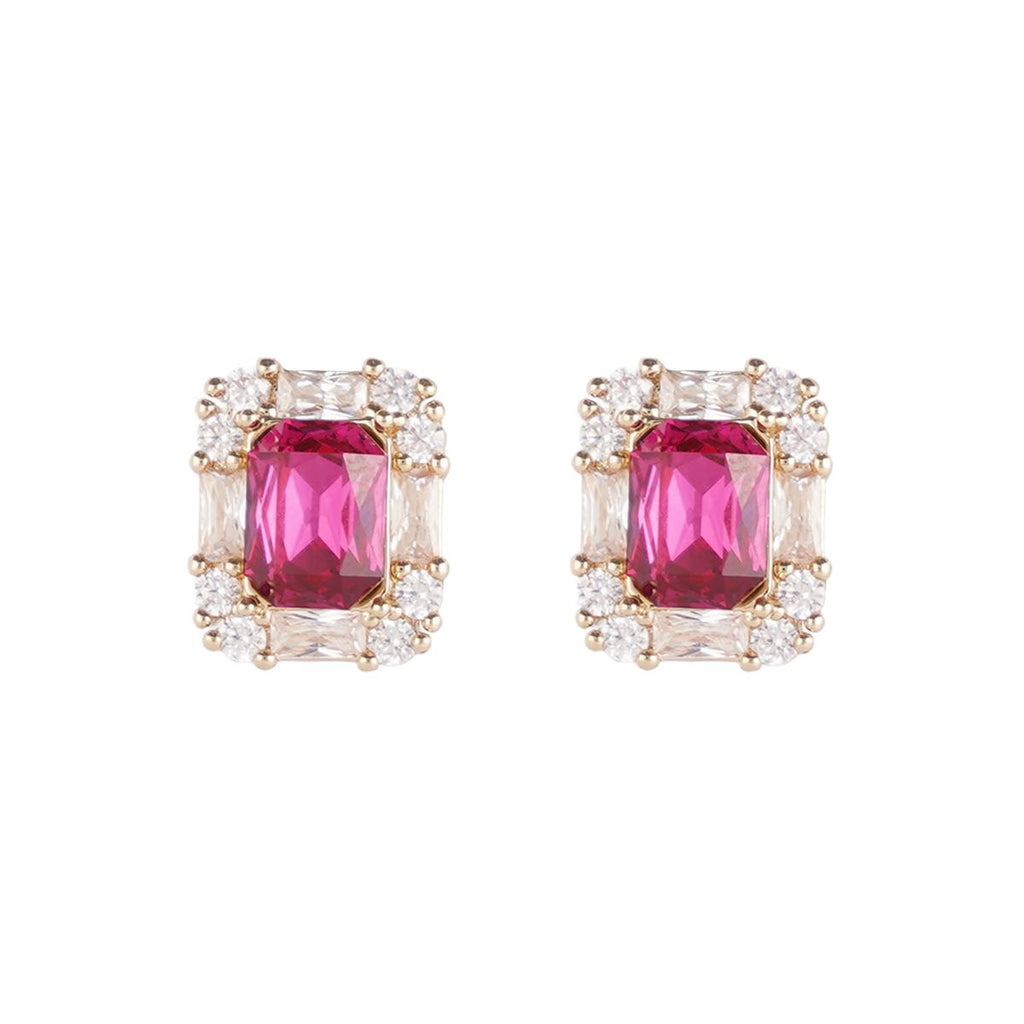 Red Cubic Zirconia Stud Earrings Gold-Tone Copper Princess Cut Gemstone Minimalist Elegant Jewelry for Women