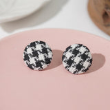 【Stud Earrings】Black - White Plaid Fabric Round Earrings for Daily Office Look
