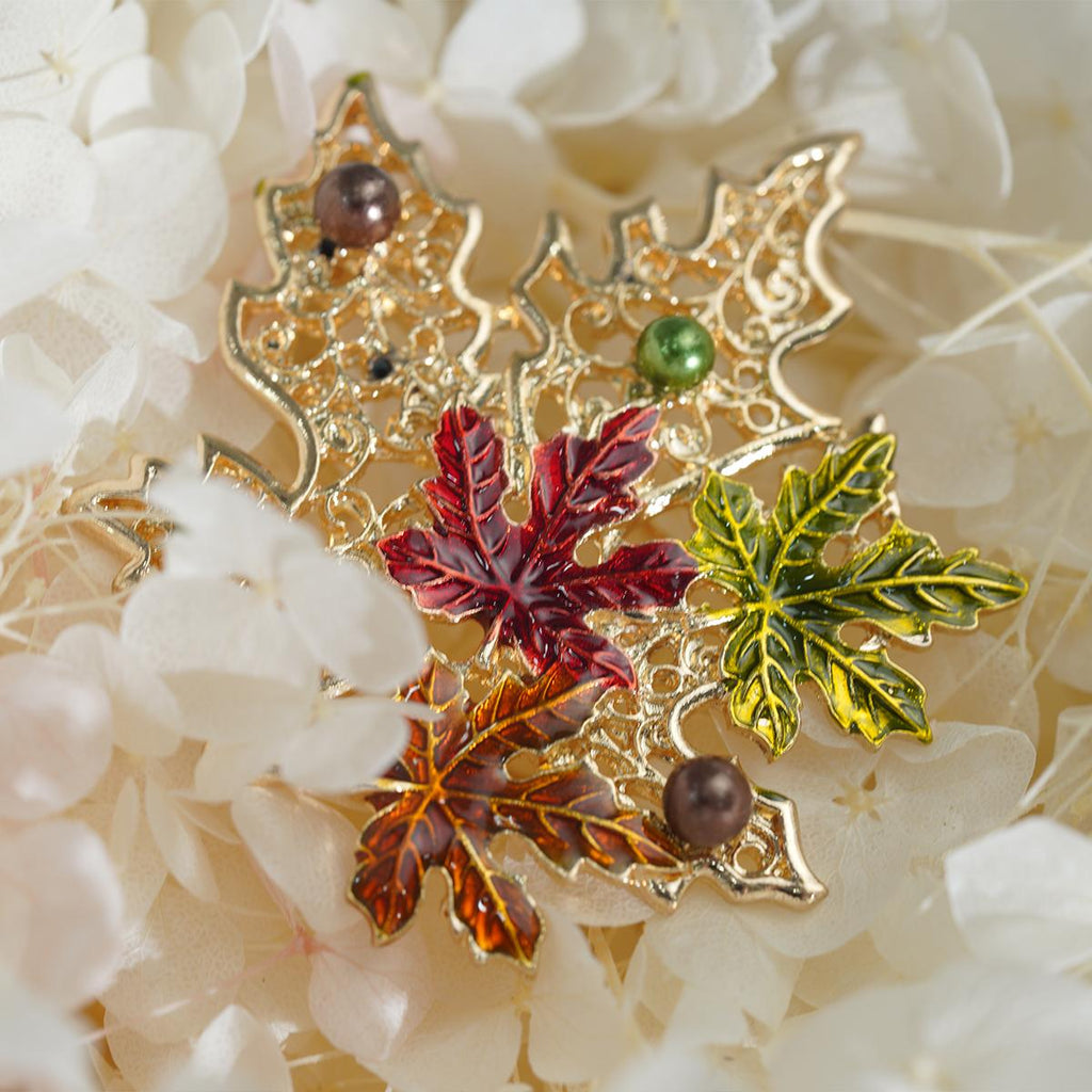 Kerongsang besar bahu Daun Maple, Emas Vintaj, Rekaan Berongga, Lapisan Mutiara Enamel, Barang Kemas Elegan, Untuk Wanita