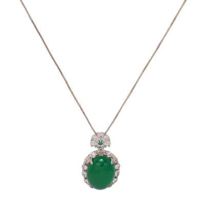 【Pendant Necklace】Green Chalcedony Oval Pendant with Full-Circle Zircon Halo & Accent Stone Lucky Charm Fashion Jewelry for Women