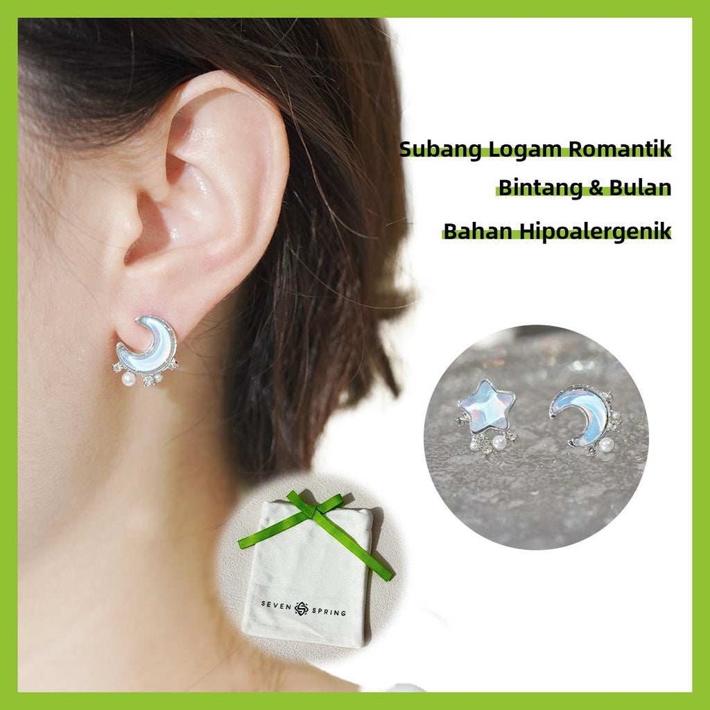 Subang Stud, Rekaan Asimetri, Jatuh Bintang dan Bulan, Barang Kemas Mutiara, Sesuai untuk Dipakai Harian, Hadiah untuk Wanita