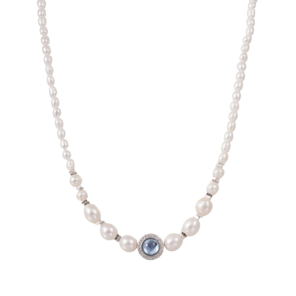 【Necklace】Aquamarine Stone Accent Silver Chain Natural Freshwater Pearl Necklace, Perfect Gift for Women, Best Dating Wear