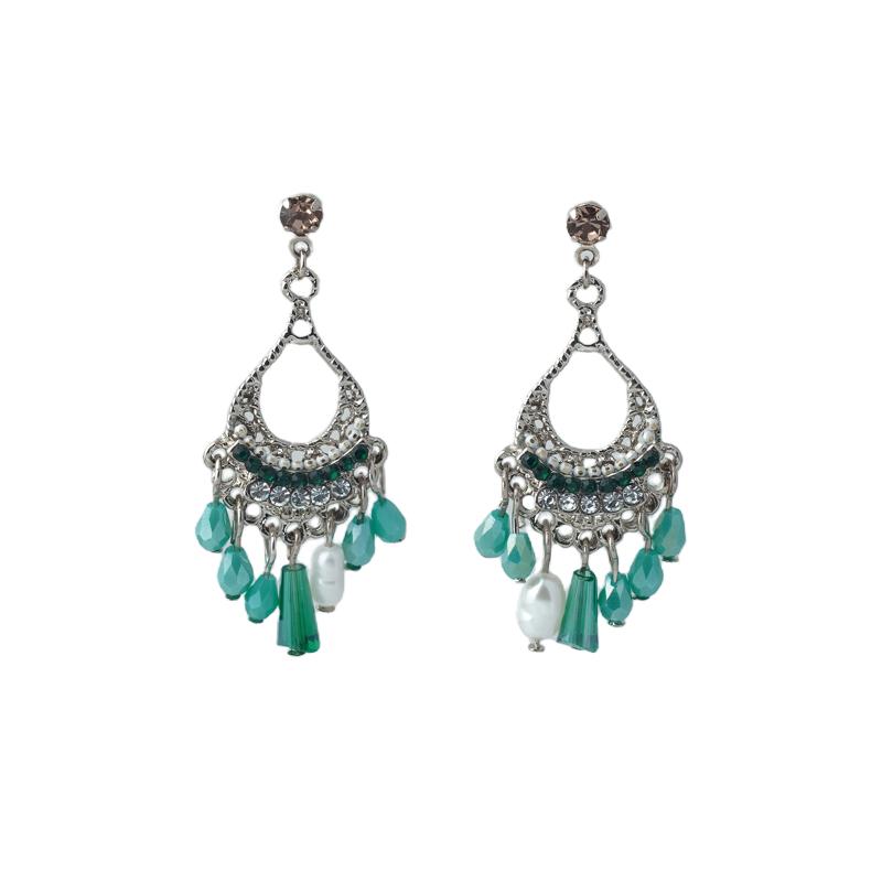 【Pendant Earrings】Teal Crystal & Pearl Earrings - Gold-Plated Layered Chain Design - Refined Versatility for Elegant Ladies