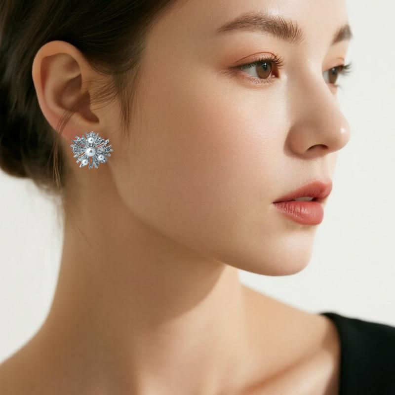 【Stud Earrings】Silver-Tone Sun-like Pearl Cluster Studs - Linear & Pearl Accent - Effortless Sophistication for Everyday