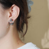 【Stud Earrings】Gray Faux Pearls & Zircon-Encrusted Bow, Vintage-Chic Design for Daily Style