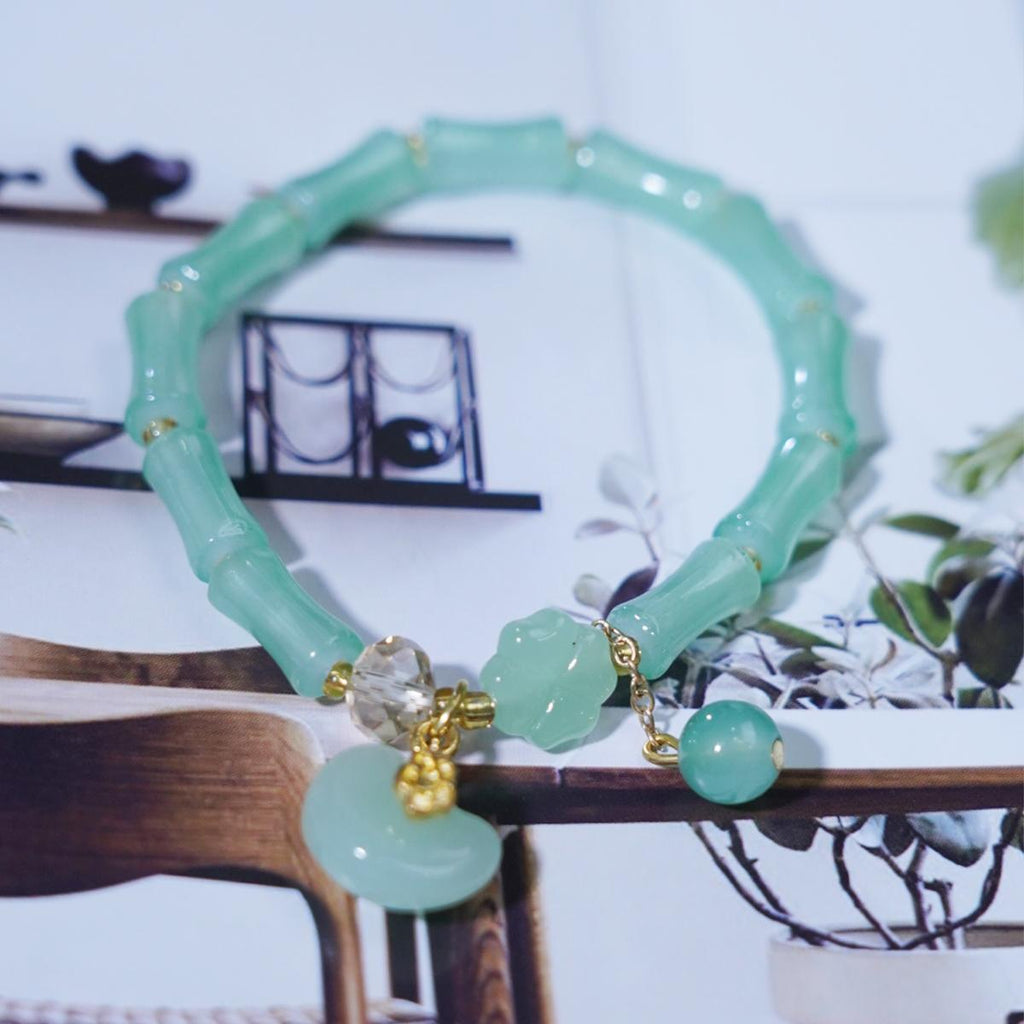 Gelang Manik, Jed Hijau dan Bahan Buluh, dengan Pesona Teratai Bersalut Emas, Boleh Laras, Hadiah Barang Kemas untuk Wanita, Gelang