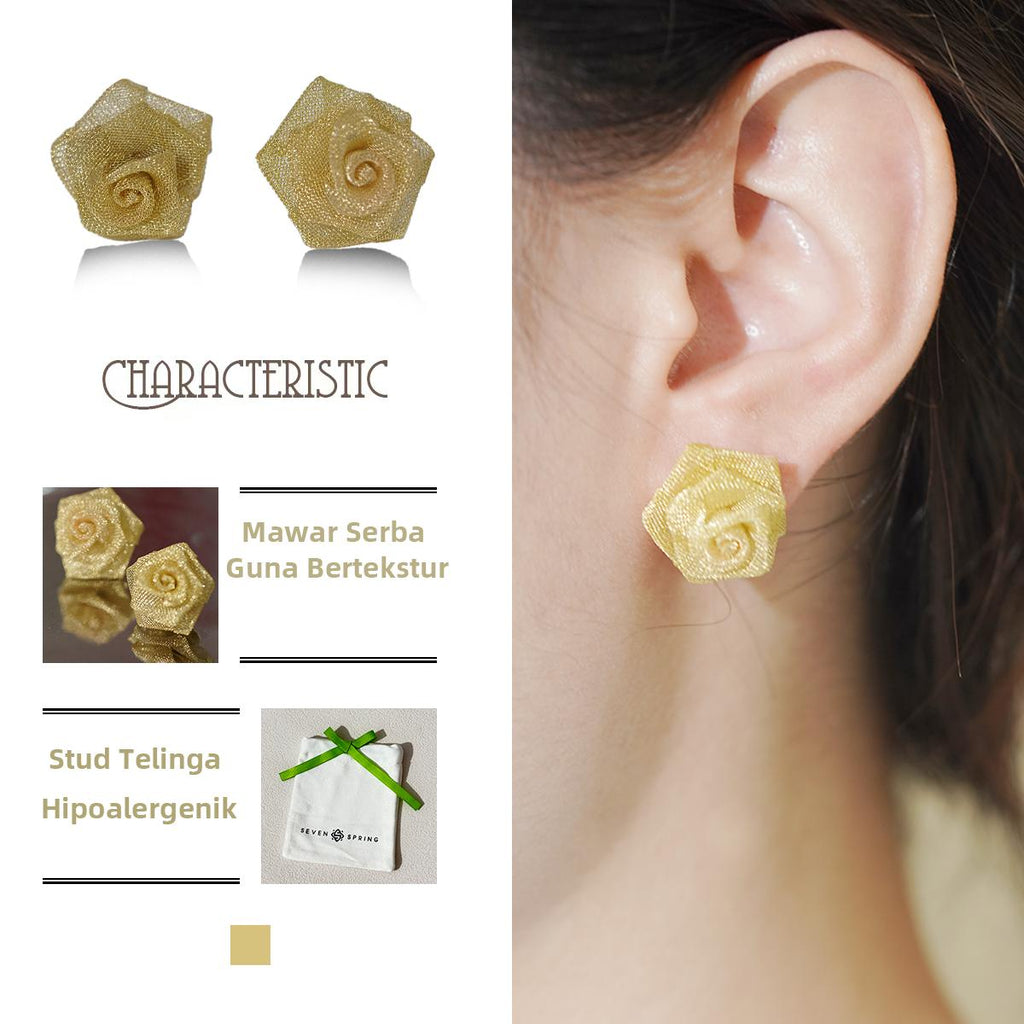Anting-anting Stud, Tenunan Jaringan Emas, Kancing Mawar Aloi, Barang Kemas Halus Vintaj-Inspirasi Perak Putih