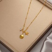 Charger l&#39;image dans la galerie, Titanium Steel Pendant Necklace | Hypoallergenic Gold Chain with Zircon &amp; Shell Charms | 45cm Adjustable for Daily/Gift