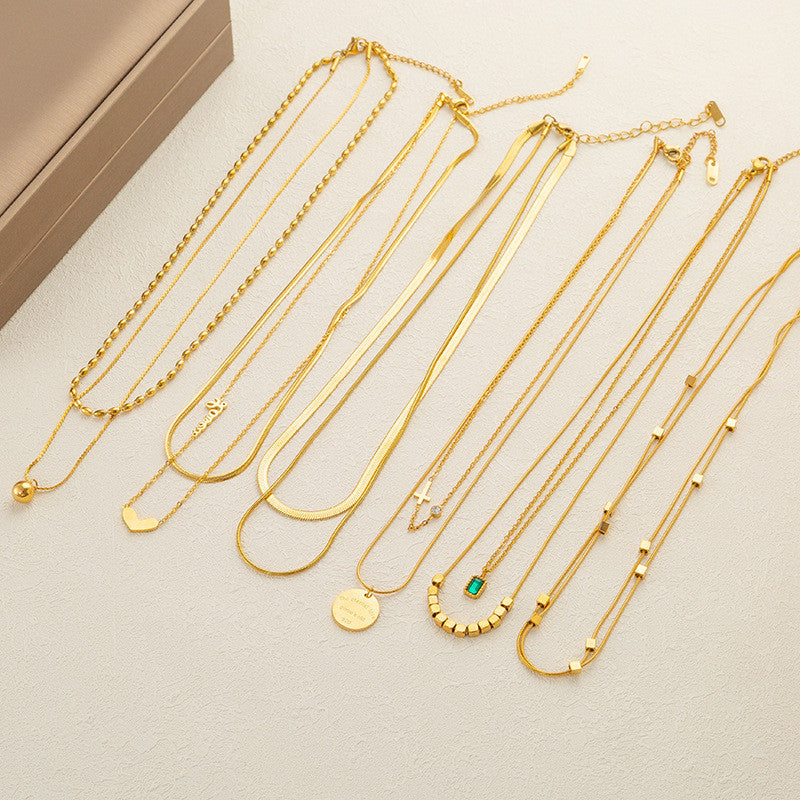 Titanium Steel Pendant Necklace | Hypoallergenic Gold Chain with Zircon & Shell Charms | 45cm Adjustable for Daily/Gift