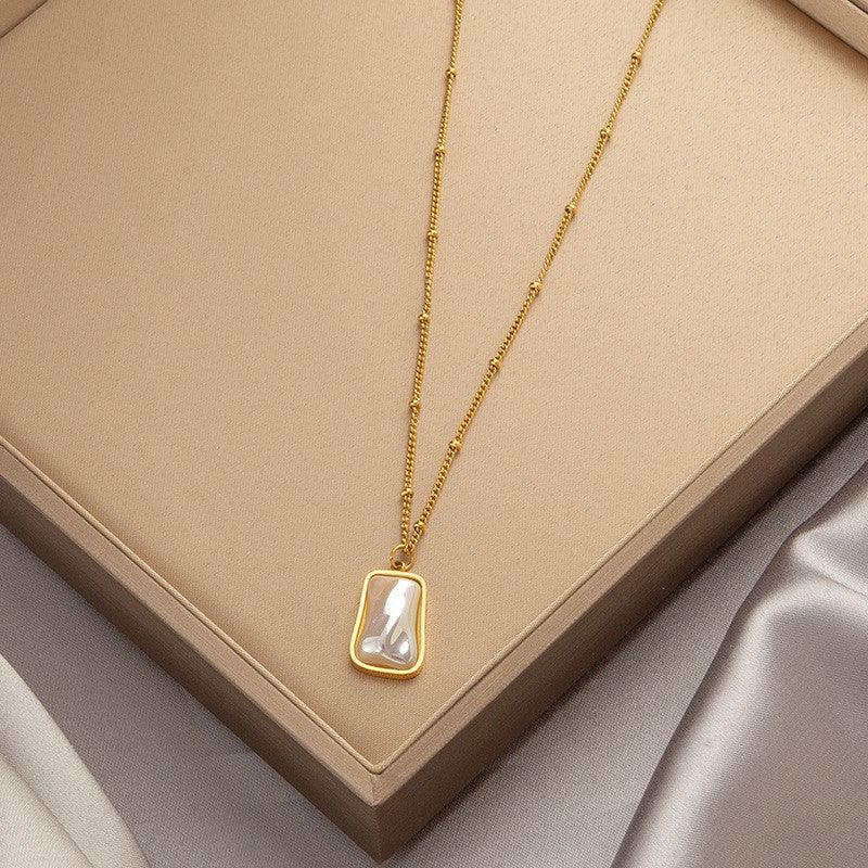 Titanium Steel Pendant Necklace | Hypoallergenic Gold Chain with Zircon & Shell Charms | 45cm Adjustable for Daily/Gift