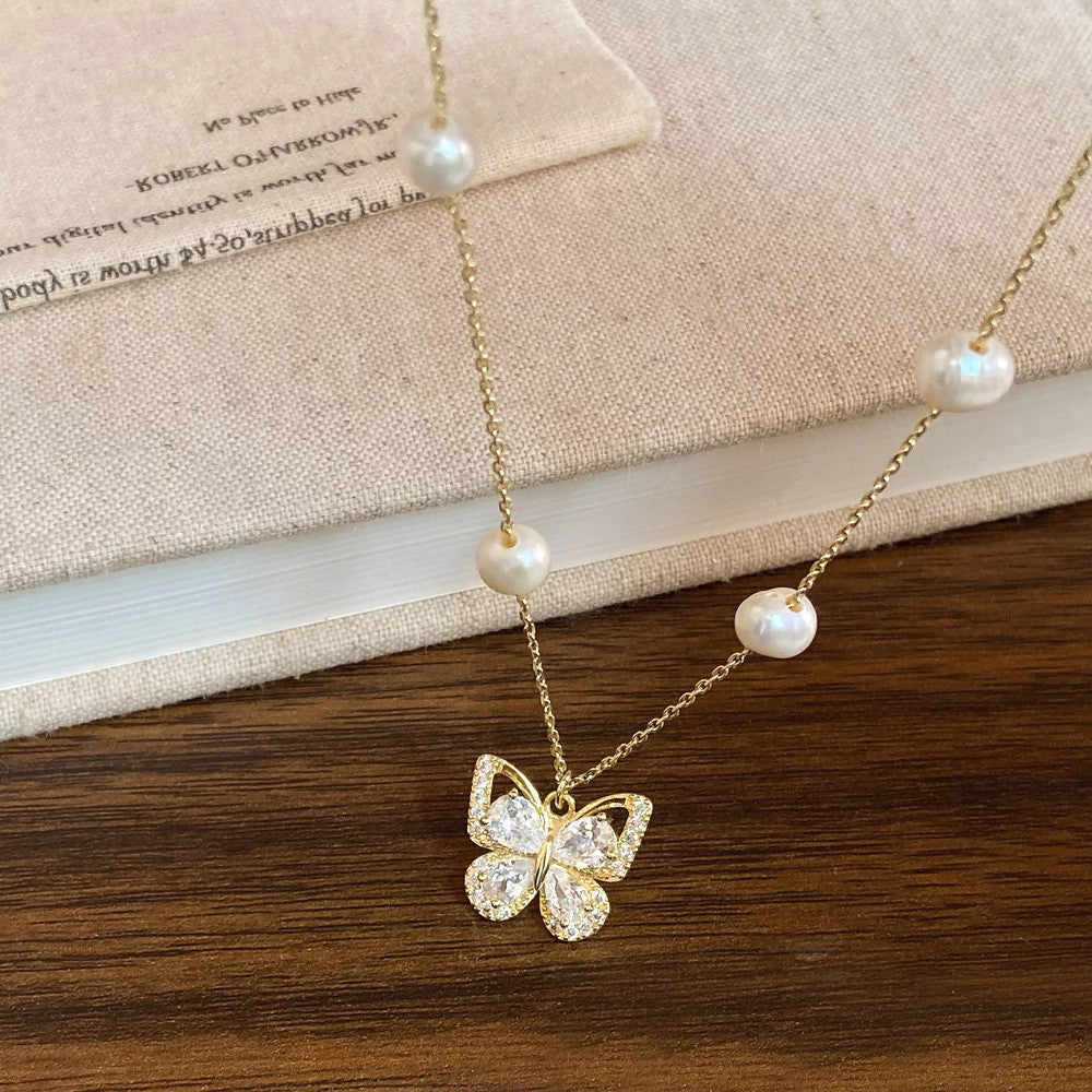 Exquisite Gold Chain Necklace with Butterfly and Pearl Pendant – Elegant Jewelry for Any Occasion
