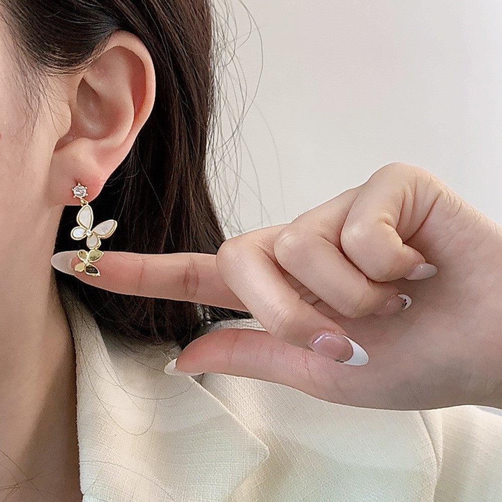 Elegant Gold and White Butterfly Earrings with Pearl Chains – Whimsical Jewelry for Every Occasion