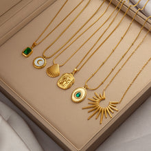 Charger l&#39;image dans la galerie, Titanium Steel Pendant Necklace | Hypoallergenic Gold Chain with Zircon &amp; Shell Charms | 45cm Adjustable for Daily/Gift