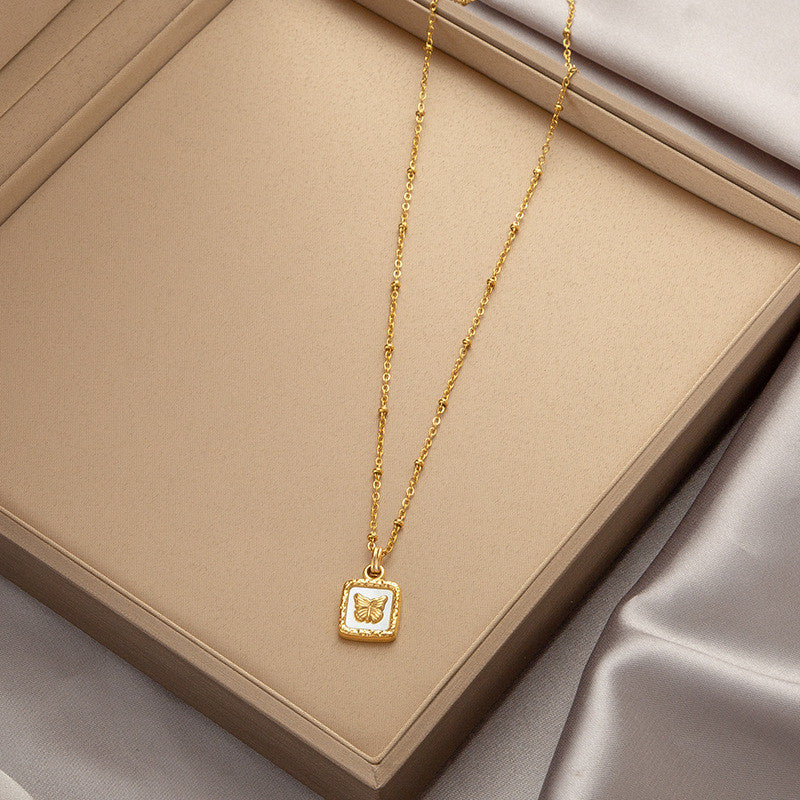 Titanium Steel Pendant Necklace | Hypoallergenic Gold Chain with Zircon & Shell Charms | 45cm Adjustable for Daily/Gift