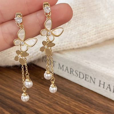 Elegant Gold and White Butterfly Earrings with Pearl Chains – Whimsical Jewelry for Every Occasion