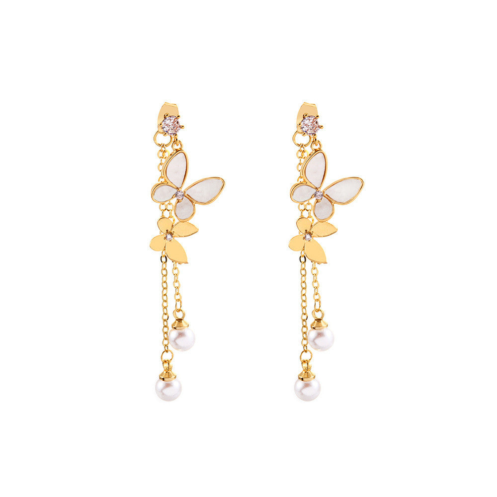 Elegant Gold and White Butterfly Earrings with Pearl Chains – Whimsical Jewelry for Every Occasion