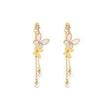 Carregar imagem no visualizador da galeria, Elegant Gold and White Butterfly Earrings with Pearl Chains – Whimsical Jewelry for Every Occasion