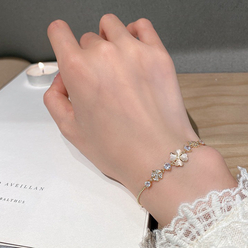 Gold Floral Bracelet with Crystal Accents - Muslimah-Friendly Jewelry for Tudung & Baju Kurung