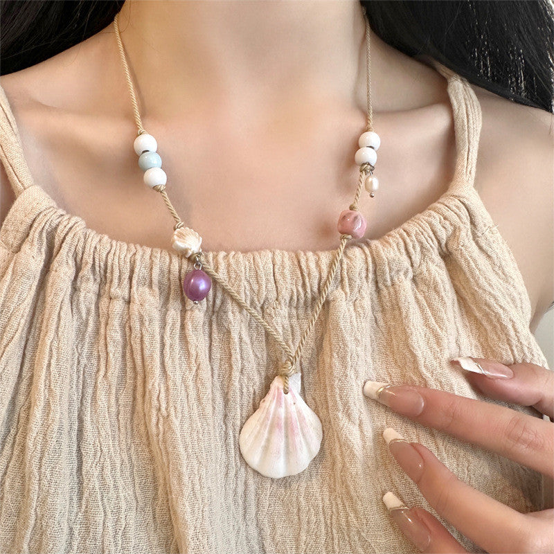 Pastel Shell & Bead Rope Necklace | Handmade Adjustable Beach Jewelry | Hypoallergenic Boho Gift for Women