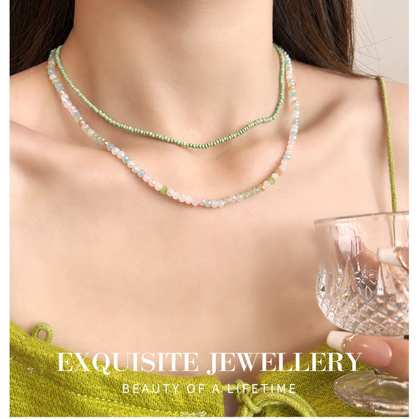 Pastel Green & Pink Seed Bead Necklace | Opal Glass Multilayer Boho Jewelry | Adjustable 50-60cm for Daily/Wedding Gift