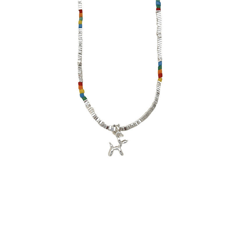Rainbow Bead Dog Charm Necklace | Hypoallergenic Silver Pet Jewelry | Adjustable 45cm Boho Gift for Dog Lovers