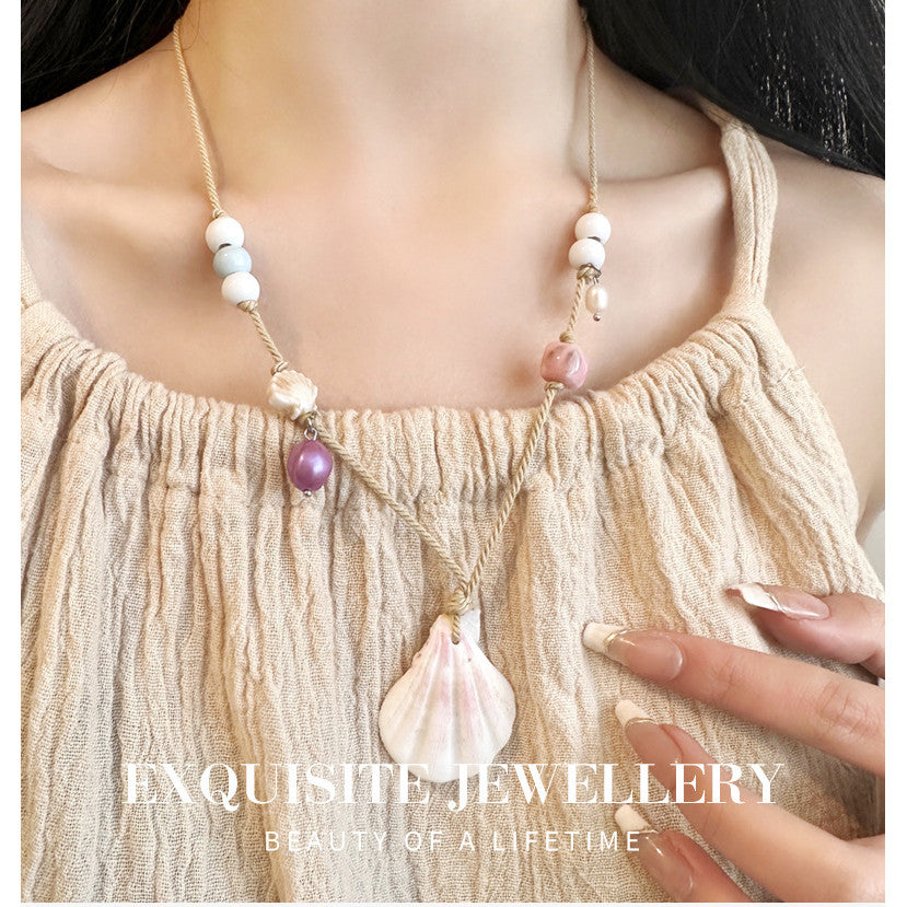 Pastel Shell & Bead Rope Necklace | Handmade Adjustable Beach Jewelry | Hypoallergenic Boho Gift for Women