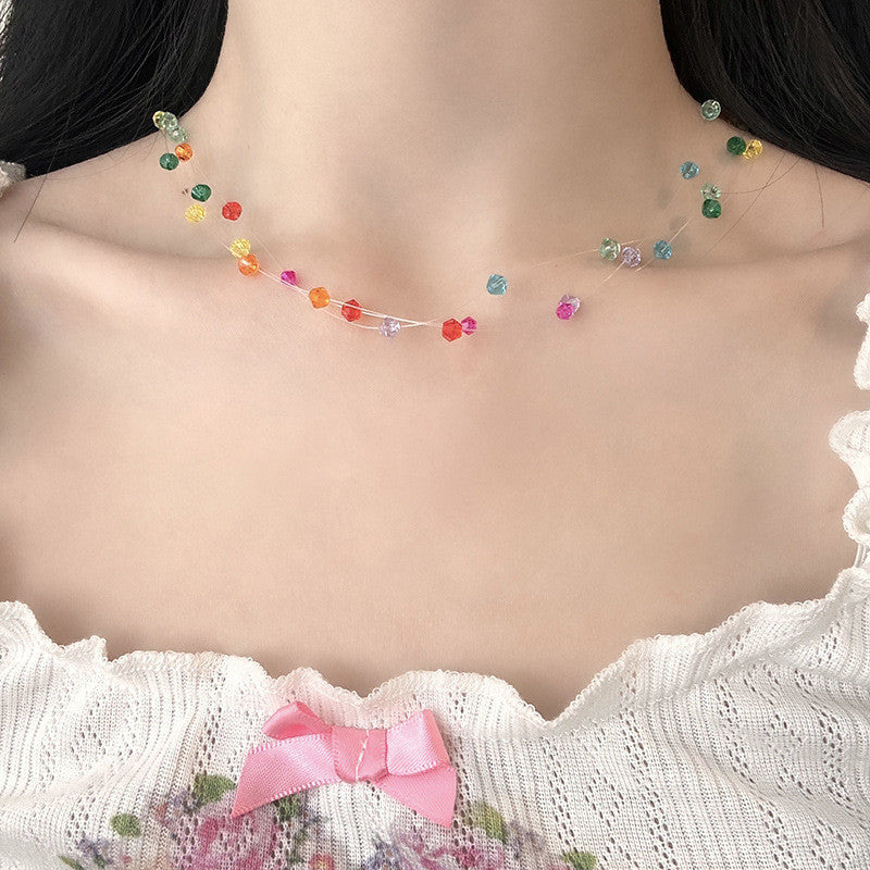 Multicolor Bead Layered Necklace | 3-Strand Adjustable Silver Chain | Hypoallergenic Boho Jewelry for Women