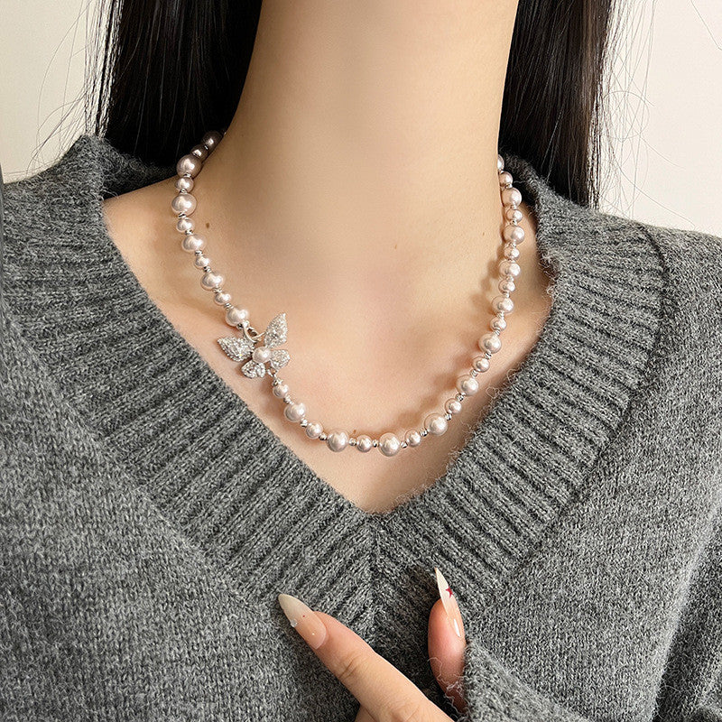 925 Silver Pearl Necklace with Butterfly Charm Luxury Gift for Women Free Shipping