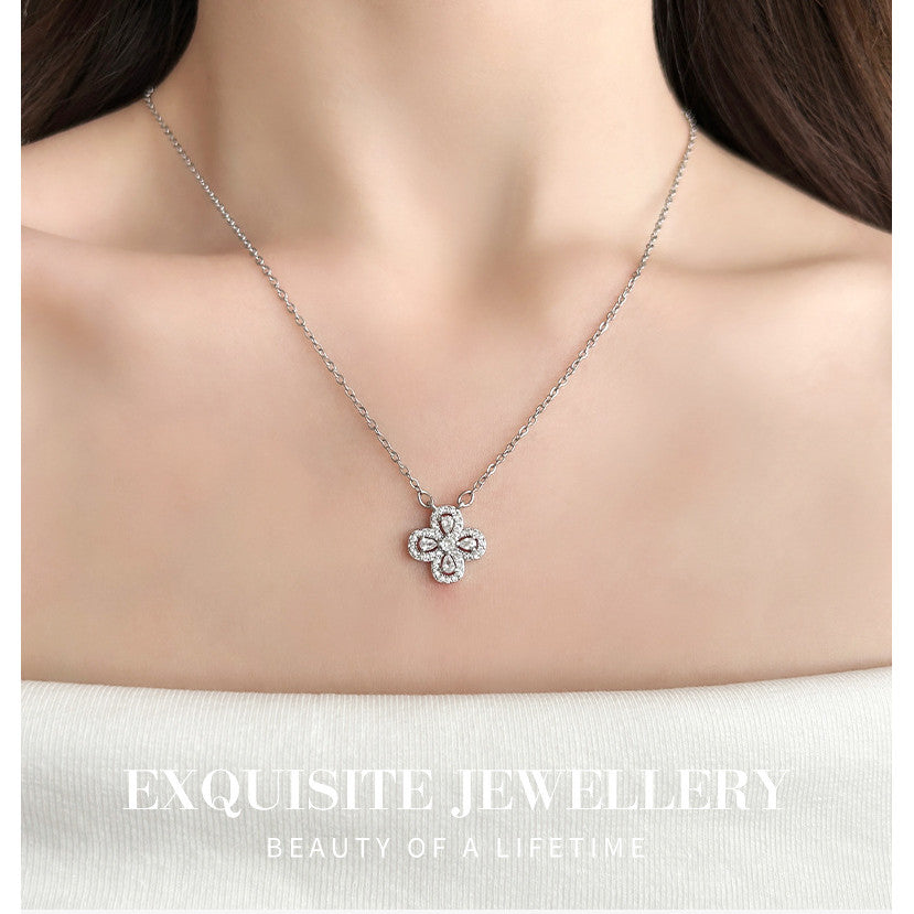 Titanium Steel Four-Leaf Clover Necklace | Hypoallergenic Diamond-Accent Jewelry | Lucky Charm Gift for Women