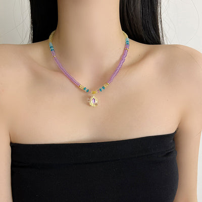 Pastel Amethyst Bead Necklace | Gold-Accented Multicolor Glass & Crystal Jewelry | Adjustable 45cm Hypoallergenic Gift