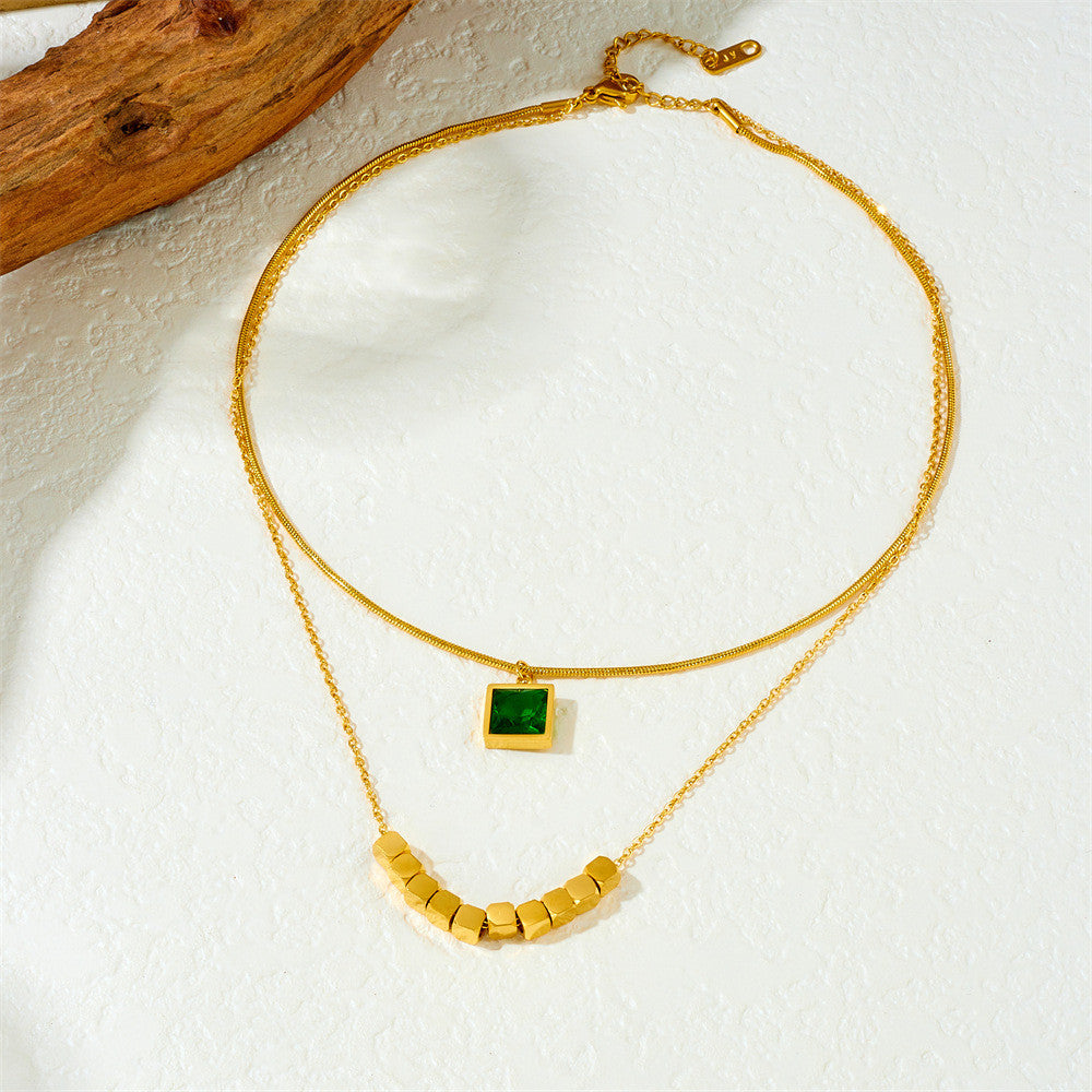 【Pendant Necklace】Women Layered Radiance | Emerald Square Pendant & Dual-Chain Design